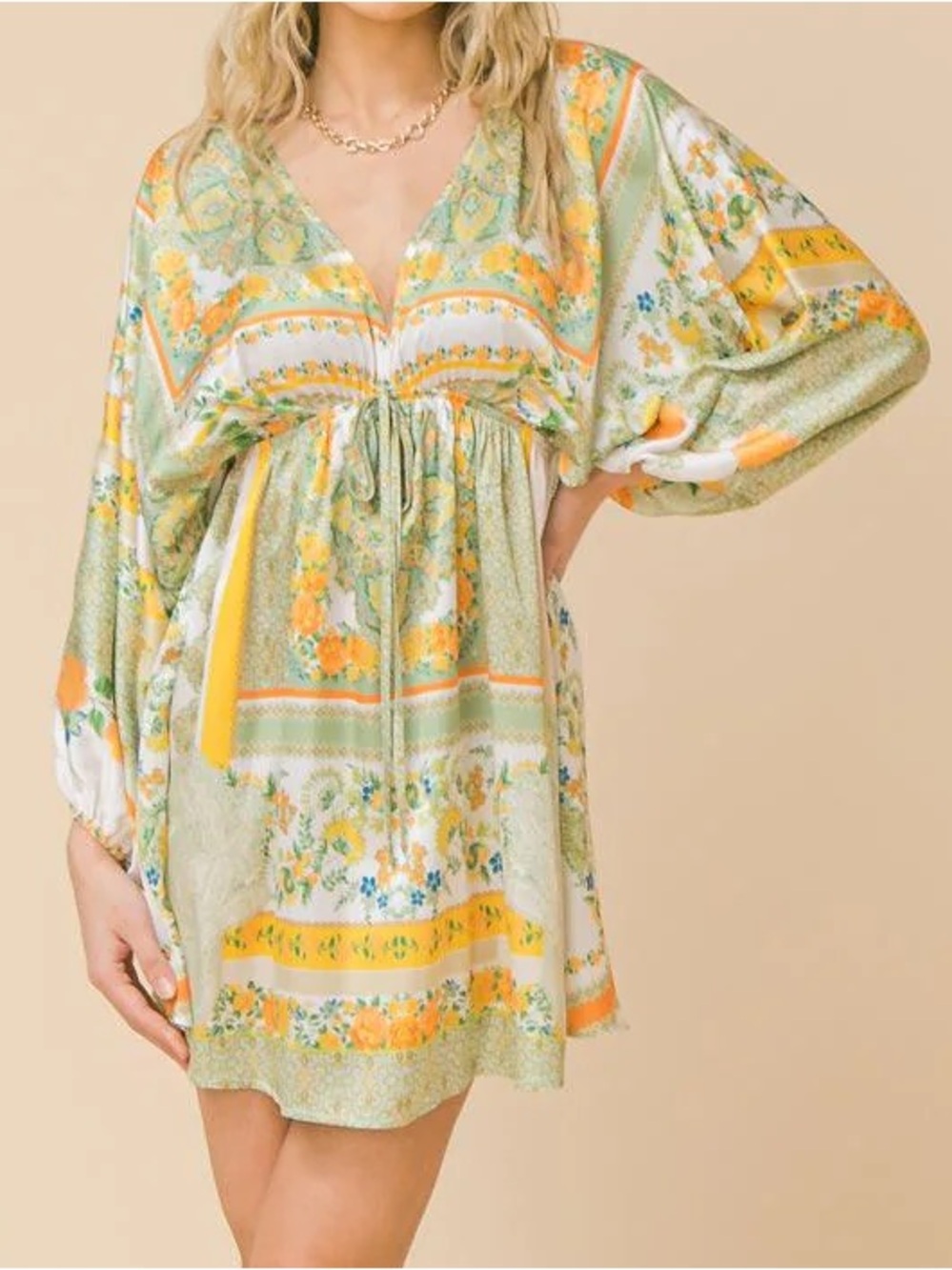 Flying Tomato Floral Tie-Waist Kids Dress in Green, Yellow & Orange